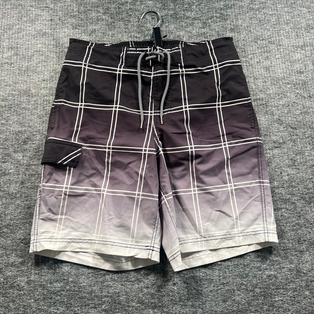 George Mens Board Shorts Size M 32-34 Black White Grid Gradient Swim Trunks